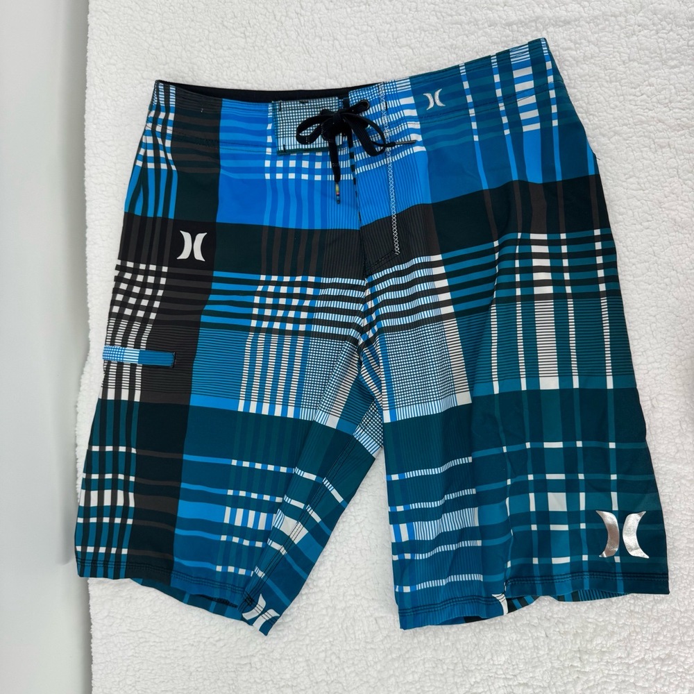 Billabong Platinum X Blue Black White Plaid Drawstring Mens Board Shorts Size 32